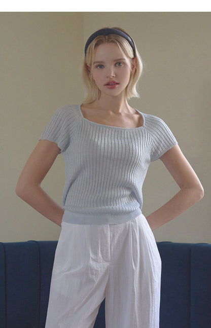 Square Neck Knit Top with Back Ribbon