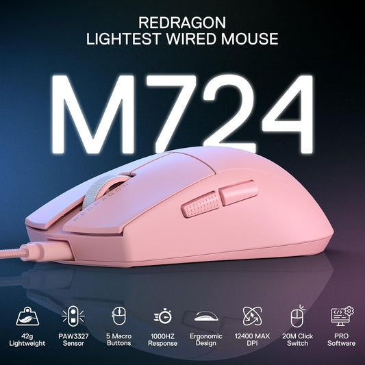 Redragon M724 Wired Ultra-Light Gaming Mouse – 42g, 12400 DPI, 5 Programmable Buttons